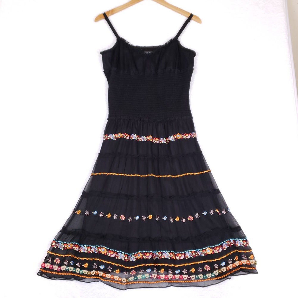 Spenser Jeremy Silk Dress Size 4 Black Boho Embroidered Tiered Festival Y2K